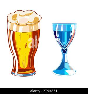 illustration d'un verre doré de bière mousseuse et d'un verre à vin sur fond blanc. Banque D'Images