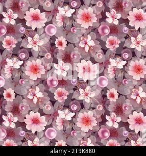 Motifs sans couture rose aquarelle avec des illustrations dessinées à la main de fleurs de cerisier et de perle pour mariage, anniversaire, Journée internationale de la femme, Banque D'Images