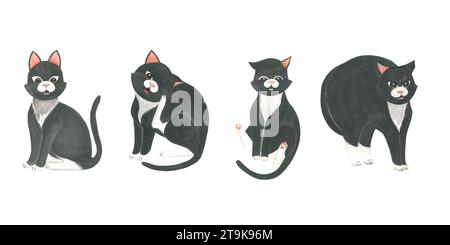Ensemble d'illustrations à l'aquarelle d'un chat noir dans diverses poses.Hand dessiné isolé sur un fond blanc Banque D'Images