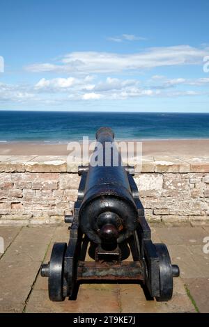 canon du château de Bamburgh regardant notre sur les sables. Northumberland, Royaume-Uni Banque D'Images