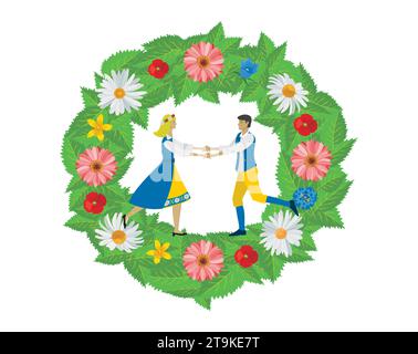 Homme et femme en vêtements traditionnels suédois dansant dans une couronne de fleurs. Isolé. Illustration vectorielle. Illustration de Vecteur