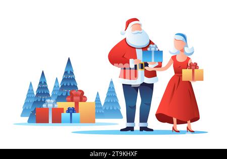 père noël avec femme dans la robe rouge tenant des cadeaux enveloppés concept de célébration de vacances de nouvel an horizontal Illustration de Vecteur