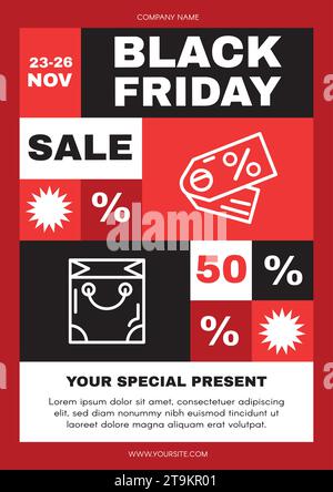 Vertical Black Friday A4 rouge modèle d'affiche noir avec inscriptions attrayantes, réductions, coupons-cadeaux et dates de promotion. Modèle pour Black Frida Illustration de Vecteur