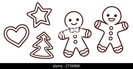 Jeu de biscuits de Noël traditionnels, homme en pain d'épice et formes. Dessin au trait noir et blanc Dessin de dessin animé simple, doodle dessiné à la main. Clip art vectoriel il Illustration de Vecteur