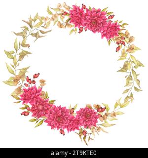 Couronne avec dahlias, fleurs séchées et hanches roses. Composition aquarelle. Modèles prêts à l'emploi pour tirages, affiches, cartes, invitations, vœux, packa Banque D'Images