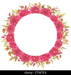 Cadre floral rond fait de dahlias, feuillage, fleurs séchées et hanches roses. Conception d'aquarelle pour cartes, invitations, annonces, publicités, etc Banque D'Images