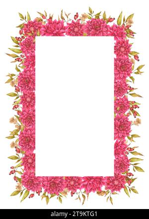 Cadre floral rectangulaire fait de dahlias, feuillage, fleurs séchées et hanches roses. Conception d'aquarelle pour cartes, invitations, annonces, publicité Banque D'Images