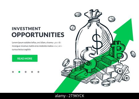 Stratégie d'investissement, économiser de l'argent et financer le concept d'entreprise de croissance. Lingots d'or, dollars, pièces de monnaie, crypto-monnaie bitcoin sur fond de flèche verte. Ha Illustration de Vecteur