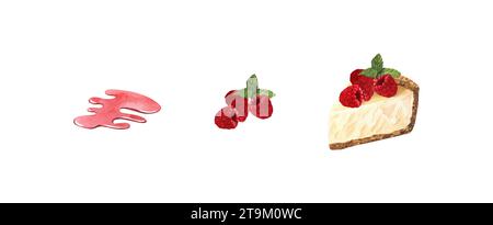 Set dessert, cheesecake avec framboises et confiture. Aquarelle illustration dessinée à la main isolée sur fond blanc. Menu alimentaire parfait, dessin de nourriture Banque D'Images