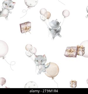 Motif sans couture de petit chaton gris moelleux et ballon. Aquarelle dessinée à la main. Joyeux nouvel an et boîtes cadeaux d'anniversaire avec des noeuds dorés. Écossais Banque D'Images