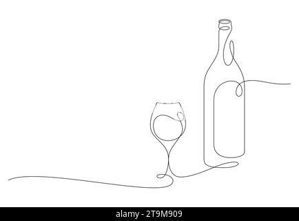 wineglass et bouteille fine ligne dessin continu illustration vectorielle style minimaliste Illustration de Vecteur