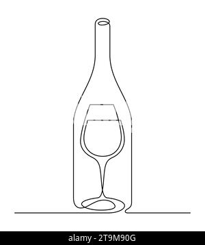 minimalisme du vin fine ligne art verrerie continue et illustration vectorielle de bouteille Illustration de Vecteur