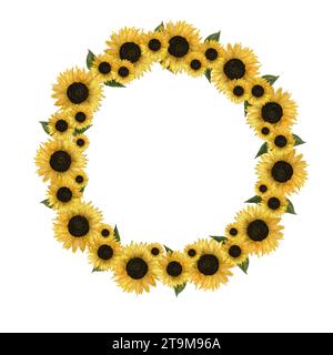 Aquarelle cadre rond de tournesols sur un fond blanc isolé. Une élégante couronne de fleurs ensoleillées pour décorer cartes, invitations et étiquettes. Banque D'Images