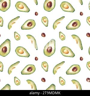 Avocat. Motif sans couture. Le fruit est juteux et mûr. Illustration aquarelle sur fond blanc. Alimentation saine, végétalisme. Logo, modèle, impression Banque D'Images