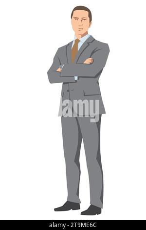 Un jeune homme d'affaires en costume d'affaires se tient debout, les bras croisés. Travailleur de niveau intermédiaire, gestionnaire. Figure isolée sur fond blanc. Illustration de Vecteur
