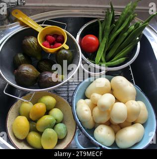 Une sélection de légumes et de fruits fraîchement récoltés cultivés de manière biologique, lavés et préparés prêts à manger Banque D'Images