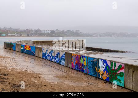 Swanage, Dorset Royaume-Uni. 26 novembre 2023. Météo Royaume-Uni : temps humide, gris et sombre à Swanage dans le Dorset. Peintures sur la barrière temporaire des vagues hivernales de Swanage les blocs de béton mis en place par l’Agence de l’environnement pour réduire l’impact des inondations, ajoutent de la couleur à une journée grise! Crédit : Carolyn Jenkins/Alamy Live News Banque D'Images