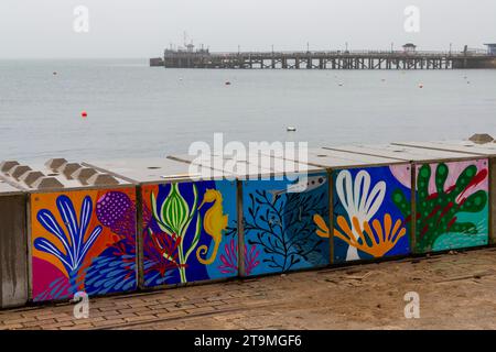 Swanage, Dorset Royaume-Uni. 26 novembre 2023. Météo Royaume-Uni : temps humide, gris et sombre à Swanage dans le Dorset. Peintures sur la barrière temporaire des vagues hivernales de Swanage les blocs de béton mis en place par l’Agence de l’environnement pour réduire l’impact des inondations, ajoutent de la couleur à une journée grise! Crédit : Carolyn Jenkins/Alamy Live News Banque D'Images
