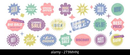 Badges Sunburst de couleur pastel, autocollants de prix évoquent différentes formes. Étiquettes de vente Starburst, étiquettes promotionnelles, éléments de conception de rabais ou d'offre spéciale. Ensemble vectoriel d'emblème ou de timbre pour la vente au détail. Illustration de Vecteur