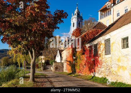 La vigne colorée laisse Dürnstein à un jour d'automne Banque D'Images