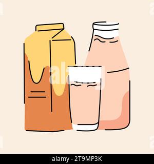 Lait tiré à la main dans un verre, bouteille, élément de couleur de boîte. Nourriture non transformée de bande dessinée. Illustration vectorielle isolée. Illustration de Vecteur
