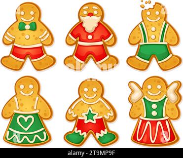 Des mangeoires en pain d'épice maison. Gingerbreads man, biscuits biscuit au gingembre traditionnels pour la fête de Noël, dessert de noël snacks sucrés collection de forme du père noël, illustration vectorielle néotérique de biscuit de vacances Illustration de Vecteur