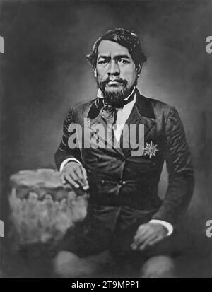 Le roi Kamehameha III Portrait du troisième souverain du royaume d'Hawaï, Keawewweawe'ula Kīwalaʻō Kauikeaouli Kaleiopapa Kalani Waiakua Kalanikau Iokikilo Kīwalaʻō i ke kapu Kamehameha (1814-1854 par Hugo Stangenwald, 1853 Banque D'Images