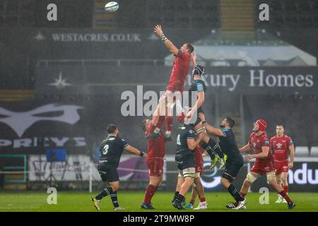 Swansea, Royaume-Uni. 26 novembre 2023. Scarlets gagner un lineout . United Rugby Championship, Ospreys v Scarlets au stade Swansea.com de Swansea, pays de Galles du Sud, le dimanche 26 novembre 2023. photo par Geraint Nicholas/Andrew Orchard photographie sportive/Alamy Live News crédit : Andrew Orchard photographie sportive/Alamy Live News Banque D'Images