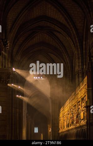 Un homme se tient en admiration devant une impressionnante cathédrale gothique, ses flèches imposantes et son architecture complexe créant une vue impressionnante Banque D'Images