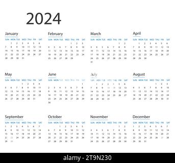 Calendrier 2024 année. Illustration vectorielle. La semaine commence le dimanche. Illustration de Vecteur