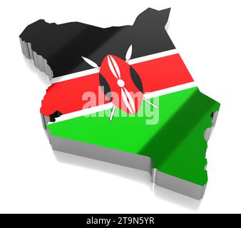 Kenya - frontières du pays et drapeau - illustration 3D. Banque D'Images