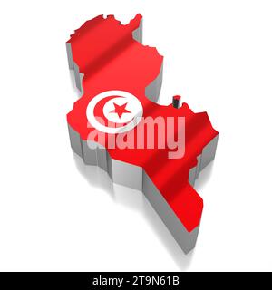 Tunisie - frontières du pays et drapeau - illustration 3D. Banque D'Images