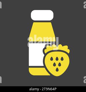 Bouteille de yaourt buvable avec vecteur de fraise de saveur sur l'icône de fond sombre. Enseigne de produits laitiers. Symbole graphique pour la conception de sites Web et d'applications de cuisine, Illustration de Vecteur