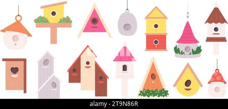 Cabanes à oiseaux en bois. Éléments de dessin animé maison à oiseaux faits à la main. Mangeoires conçues pour divers oiseaux. Artisanat d'enfants, maisons pour les icônes vectorielles racées d'animaux sauvages Illustration de Vecteur