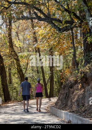 Un homme et une femme portant des vêtements d'exercice marchant sur un trottoir ombragé bordé d'arbres en automne. Banque D'Images