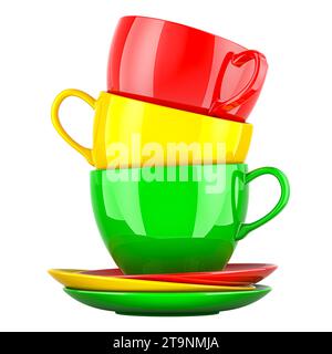 Pile de tasses colorées avec soucoupes, rendu 3D isolé sur fond blanc Banque D'Images