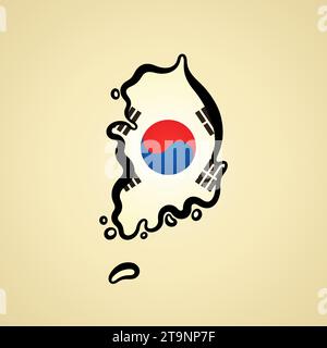 Carte de la Corée du Sud avec drapeau et contour noir. Illustration de Vecteur