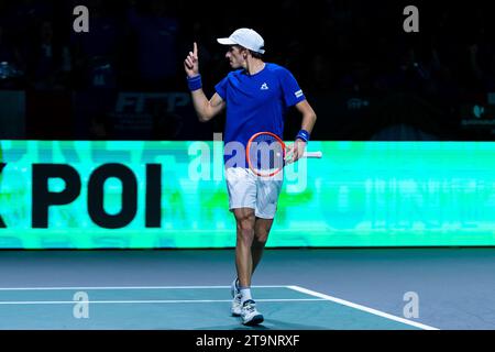 Malaga, Espagne. 26 novembre 2023. Matteo Arnaldi d'Italie vu lors du match final 1 de la coupe Davis 2023 entre l'Australie et l'Italie au Palacio de los Deportes Jose Maria Martin Carpena. Score final ; Australie 1:2 Italie. (Photo Francis Gonzalez/SOPA Images/Sipa USA) crédit : SIPA USA/Alamy Live News Banque D'Images