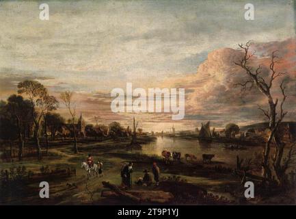 Paysage au coucher du soleil 1650s par Aert Van Der Neer Banque D'Images