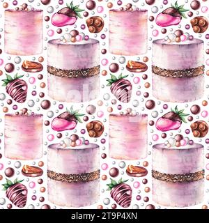 Motif aquarelle sans couture avec desserts, gâteaux, bonbons. Motif sur blanc pour le design textile, les emballages, les cartes, les invitations, les menus et les restaurants Banque D'Images