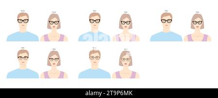 Ensemble de lunettes de cadre Pantos sur l'illustration d'accessoire de mode de personnage plat pour femmes et hommes. Sunglass vue de face unisexe silhouette style, lunettes lunettes avec contour de style esquisse de lentille isolé Illustration de Vecteur