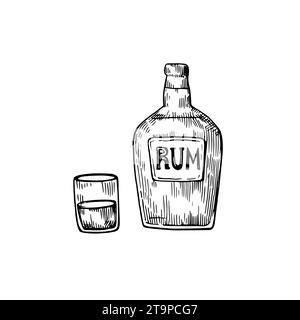 Bouteille de rhum avec verre. Illustration vectorielle dessinée à la main dans le style rétro de gravure sur bois Illustration de Vecteur