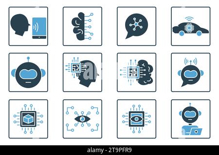 jeu d'icônes d'intelligence artificielle. tête de robot, cerveau ai, bras de robot, vision par ordinateur, big data, assistant ia, apprentissage profond, etc. style d'icône solide desig Illustration de Vecteur