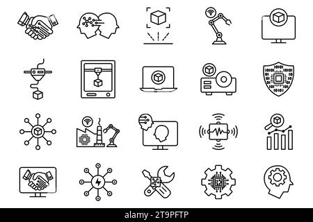 jeu d'icônes industrielles. industrie 5,0, impression 3d, intelligence artificielle, réalité augmentée, capteur avancé, robot intelligent, etc style d'icône de ligne des Illustration de Vecteur