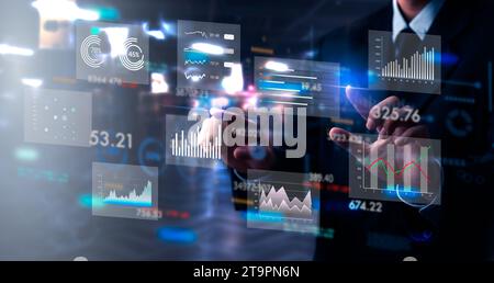 Tableau de bord d'analyste d'affaires système de gestion des données volumineuses graphiques graphiques sur le concept d'écran virtuel. Informations de travail d'homme d'affaires pour Key Performance Ind Banque D'Images
