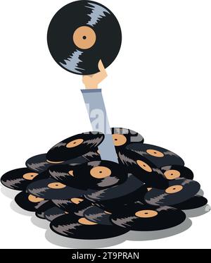 Main tenant un long disque. Pile de records. Main avec un disque de longue durée apparaît à partir d'une grande pile de disques Illustration de Vecteur