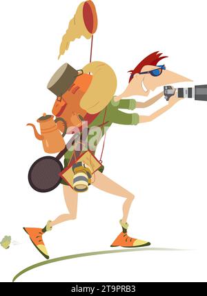 Homme voyageur faisant photo. Homme voyageur souriant avec un sac à dos et un appareil photo faisant la photo. Isolé sur fond blanc Illustration de Vecteur