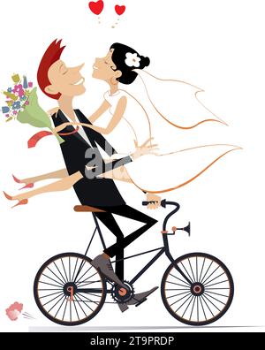 Heureux couple marié fait du vélo. Personnages amoureux heureux. Heureux marié avec une mariée sur la main monte un vélo. Isolé sur blanc Illustration de Vecteur