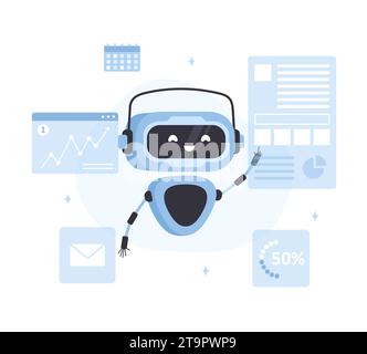 Concept Chatbot. Assistant d'affaires IA. Assistance clientèle en ligne. Le robot virtuel analyse les données. Intelligence artificielle. Technologie moderne. Vecteur Illustration de Vecteur
