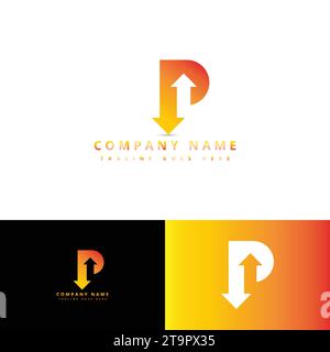 Symbole d'alphabet graphique vectoriel minimal. Lettre P logo, lettre P flèche vers le haut et vers le bas modèle de conception de logo vectoriel abstrait. Concept typographique créatif IC Illustration de Vecteur